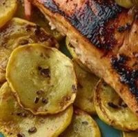 Glazed salmon with yellow squash